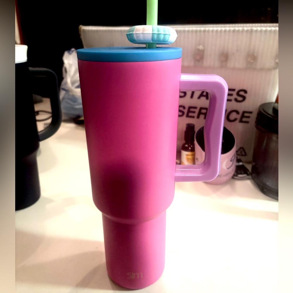 Simply Modern Pink Tumbler with Blue Lid and Straw